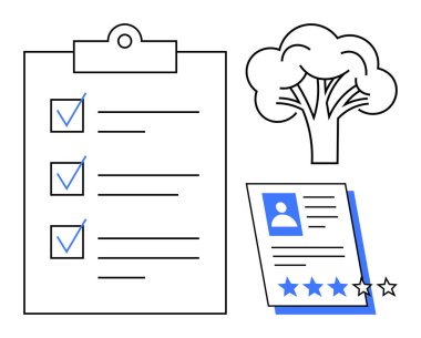 İlerlemeyi gösteren pano kontrol listesi, sürdürülebilirliği temsil eden ağaç ve yıldız reytingli profil kartı. Üretkenlik, performans, askere alma, sürdürülebilirlik, ekoloji, değerlendirme için ideal
