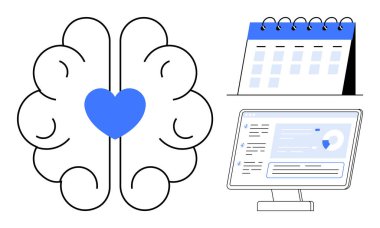 Akıl sağlığı, verimlilik, sağlık hizmetleri, görev yönetimi, kişisel bakım, planlama araçları. Kalbi olan beyin, takvim bilgisayarı. Anahtar sembollü zihinsel sağlık ve üretkenlik