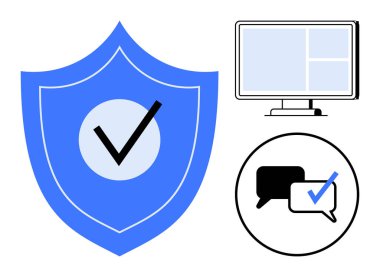 İşaretli mavi kalkan güvenliği, onayı ya da güveni simgeliyor. İşaretli mesaj baloncuğu güvenli bir iletişim öneriyor. Monitör dijital platformları işaret ediyor. Dijital güvenlik için ideal
