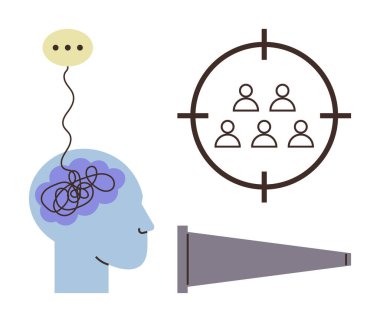 Karmaşık düşünceleri olan insan kafası, grup simgeleri, odaklanma lensleri ve iletişim baloncukları üzerinde çapraz hedef. Beyin fırtınası, konsantrasyon, problem çözme, hedef alma, liderlik netliği için ideal