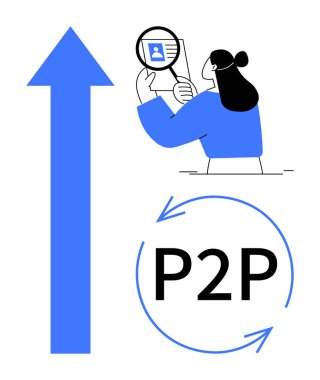 Eş-eş iletişimi. Güvenli veri transferi için ok ve büyüteçle resmedilmiş P2P kavramları. P2P teknolojisi merkezi olmayan ağ sistemlerini vurguluyor. Fintech, engelleme zinciri, veri için