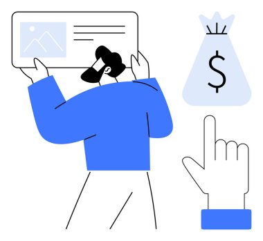 Kullanıcı bilgilerinin bulunduğu profil kartı, yukarı bakan bir el ve para çantası sembolü. Konseptler için ideal dijital kimlik, finansal güvenlik, e-ticaret, çevrimiçi bankacılık, fintech