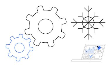 Mühendislik tasarımı, veri analizi, teknoloji yeniliği, endüstriyel sistemler, mevsimsel kavramlar, süreç optimizasyonu. İki vites, bir kar tanesi ve içinde analitik veriler olan bir laptop. Makine tasarımı