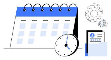 Zaman yönetimi, proje planlama, iş akışı optimizasyonu, verimlilik planlaması, iş işleri, ofis aletleri. Spiral takvim, saat dişlileri ve klasör. Zaman yönetimi ve proje zamanlaması