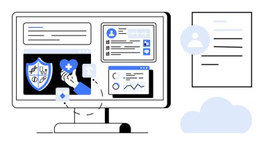 Sağlık teknolojisi, veri yönetimi, bulut depolama, çevrimiçi tıbbi kayıtlar, sağlık hizmetleri yeniliği, sistem izleme. Bir bilgisayar ekranında grafikler, simgeler ve tıbbi kayıtlar gösterilir. Sağlık teknolojisi
