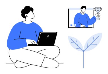 Kupa sunumu, uzaktan çalışma, başarı ve profesyonel gelişimin altını çizen bir video görüşmesi sırasında dizüstü bilgisayarda çalışan kişi. İş hayatı dengesi için ideal, çevrimiçi toplantılar, başarı