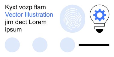 Kimlik doğrulama, dijital güvenlik, yaratıcılık, teknolojik yenilik, problem çözme, takım çalışması. Parmak izi ikonu, dişli ampul ve metin. Kimlik doğrulama ve dijital güvenlik kavramı
