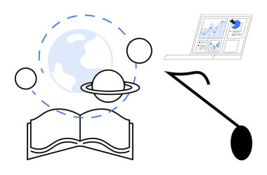 Küresel eğitim, bilimsel araştırma, uzay keşfi, veri analizi, bilgi paylaşımı, öğrenme yeniliği. Bir dizüstü bilgisayarda açık kitap, gezegenler ve veri grafikleri. Eğitim ve Bilimsel
