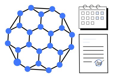 Mavi bağlantılı ağ düğümleri, işaretli günleri olan takvim ve imzalanmış belgeler işbirliği, planlama ve resmi anlaşmaları öneriyor. Takım çalışması, zamanlama, araştırma, ağ oluşturma için ideal