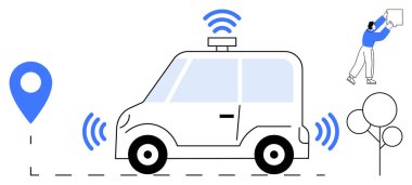 Otonom araç teknolojisi. GPS navigasyonu ve kablosuz bağlantı sinyali olan otonom bir araba. Otomatik sürüş gelecekteki ulaşım sistemlerini gösteriyor. Akıllı şehirler, modern ulaşım, ağlar için