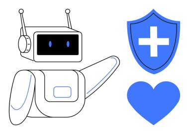 Yapay zeka, sağlık, robot bilimi, tıbbi teknoloji, dijital sağlık, gelecekteki çözümler. Kalkan ve kalp ikonu yanında bir robot. Sağlık ve tıbbi teknoloji konseptinde yapay zeka