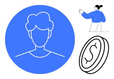 Kullanıcı profilleri, finansal yönetim, dijital kimlik, iş konseptleri, çevrimiçi iletişim, modern tasarım. Bir insan taslak ikonu, bir kadın işaret ediyor ve bir dolar para. Kullanıcı profilleri ve finansal