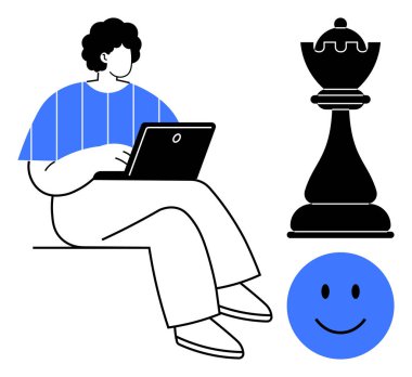 Strateji konsepti. İnsan, stratejik düşünmeyi vurgulayan satranç taşının yanındaki dizüstü bilgisayarda çalışır. Strateji işi, karar vermeyi ve pozitifliği birbirine bağlar. İş, motivasyon, liderlik, eğitim için