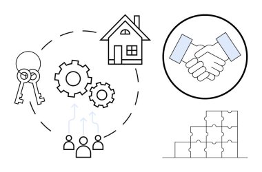 Emlak konsepti. Anahtarlar ve ev ile emlak eğitimi, dişlilerle iş stratejisi, işbirliği için ortaklar tokalaşması. Geliştirme, büyüme ve emlak yönetimi için emlak takım çalışması