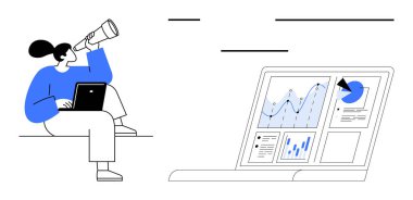 İş stratejisi, veri analizi, tahminler, teknoloji, piyasa araştırması, gelecek planlaması. Dizüstü bilgisayarı olan bir kadın ekranın yanında teleskop kullanıyor ve çizelgeleri gösteriyor. Veri analizi ve piyasa araştırması