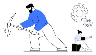 Teknoloji geliştirme, endüstri, takım çalışması, iş gücü, yenilik, dijital entegrasyon. Kazma kullanan bir işçi ve dişli sembollerinin yanında dizüstü bilgisayarı olan bir profesyonel. Endüstri ve takım çalışması kavramı