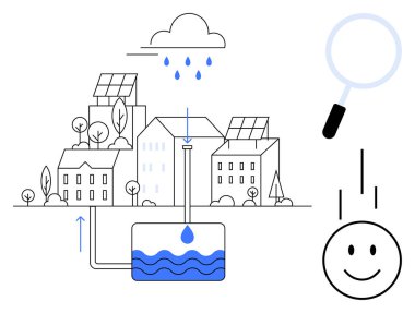 Yağmur suyu hasat sistemi. Su koleksiyonu, sürdürülebilir enerji ve kaynak yönetimi ile şehir tasarımı. Yağmur suyu hasadı çevre dostu yaşamı, su yakalamayı ve geri dönüşümünü teşvik eder. Kullanışlı