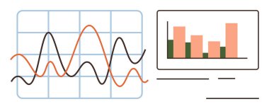 Çubuk grafiklerinin yanında değişen veri eğilimlerini gösteren çizgi grafikleri. Veri analizi, istatistik, karşılaştırma, tahmin, performans değerlendirmeleri, eğitim ve sunumlar için ideal. A