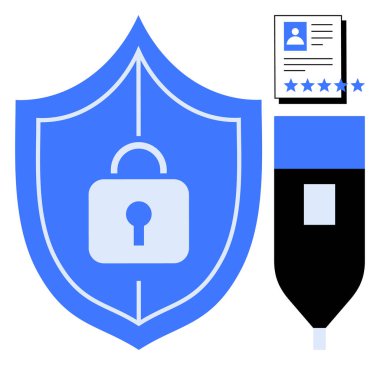 Veri korumasını temsil eden asma kilit, güvenli depolama için USB sürücü sembolü ve derecelendirme yıldızlı doğrulama dosyası olan bir kalkan. Siber güvenlik, kimlik yönetimi, veri güvenliği, dijital için ideal