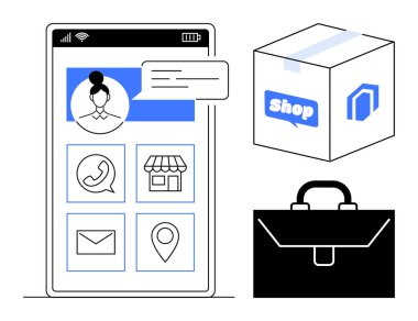 E-ticaret, dijital işlemler, çevrimiçi alışveriş, paket teslimatı, mobil iletişim ve iş çözümleri. Simgelerle mobil arayüz, dükkan logosu ve evrak çantası olan kutu. E-ticaret