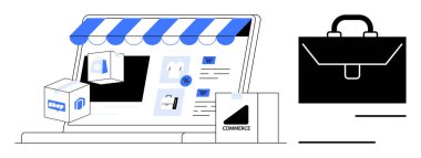 E-ticaret, online alışveriş, perakende satış, dijital satış, dağıtım hizmetleri, küçük işletmeler. Ekranı mağaza elemanları, kutular ve bir evrak çantası simgesi ile göster. E-ticaret ve online alışveriş kavramı