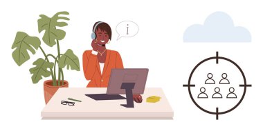 Masasında kulaklığı olan bir kadın destek, konuşma balonu ikonu, hedef kitlesi. Müşteri hizmetleri, pazarlama, iletişim, strateji, yönlendirme odaklı takım çalışması için idealdir. Basit düz