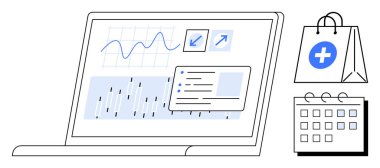 Sağlık çantası ve takvimin yanında grafikler, veri grafikleri ve analiz araçlarıyla dizüstü bilgisayar ekranı. Analiz, sağlık, programlama, üretkenlik, e-ticaret, veri yönetimi pazarlaması için ideal