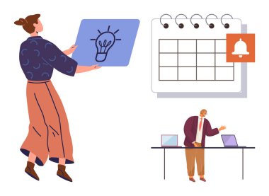 Elinde ampul taşıyan kişi, tebligatlı takvim, masada profesyonel sunum. Yenilik, takım çalışması, planlama, planlama, üretkenlik, hedef belirleme organizasyonu için ideal