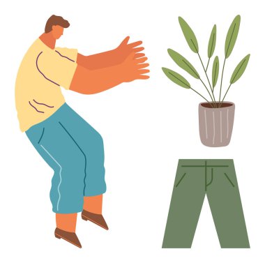 Yüzen yeşil pantolon ve yakınlarda saksı bitkisiyle el uzatan bir birey. Yaratıcılık, hayal gücü, gerçeküstü kavramlar, soyut sanat, alışılmışın dışında fikirler, eşsiz kavramlar için ideal.