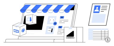 E-ticaret konsepti. Mağaza önü, dijital alışveriş arabası ve ürün teslimatı gibi e-ticaret sembolleri. E-ticaret iş büyümesini sağlar ve çevrimiçi perakende satışları destekler. Perakende, teslimat