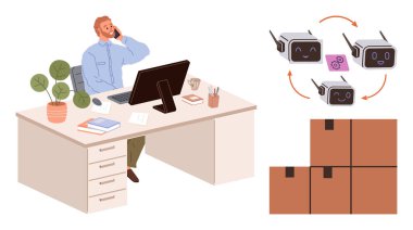Bilgisayar ve telefonla çalışan, veri alışverişinde bulunan akıllı kuadkopterler ve paketlerle dolu bir adam. Otomasyon için ideal, lojistik, ofis işi, teknoloji, e-ticaret, yenilik basit daire