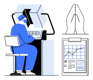 Tıbbi teknoloji, veri analizi, araştırma, uzaktan tanılama, sağlık hizmetlerinde ilerleme, maneviyat. Gelişmiş ekipmanlarda çalışan teknisyen, analitik ellerle dua eden çizelge. Tıbbi