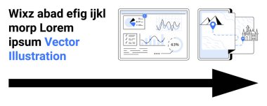 Veri analizi, navigasyon, konum belirleme, sunum tasarımı, dijital araçlar, iş planlaması. Çizelgeli bir panel ve yön oku. Veri analizi ve navigasyon kavramı
