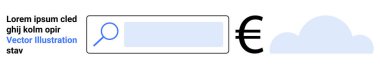 Web araması, finans uygulamaları, bulut hesaplama, para değişimi, online araçlar, veri depolama. Büyüteç, avro işareti ve bulutlu arama çubuğu. Web arama ve finans uygulamaları kavramı