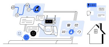Müşteri hizmetleri, otomasyon, yapay zeka iletişimi, sohbet robotu etkileşimi, uzaktan yardım, iş akışı optimizasyonu. Mesaj simgeleri ve yüz duyguları olan bir dizüstü bilgisayarda sohbet robotu. Müşteri hizmetleri