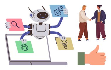 Bilgi, araştırma, fikir ve küresel simgelerle birden fazla görev yapan robotlar. İki insan el sıkışıyor ve onaylanmak için işbirliğini simgeliyor. Yapay zeka, yenilik, takım çalışması, üretkenlik için ideal