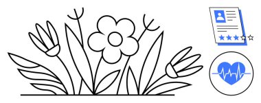 Mavi kalp atışı ikonu ile çevrili karalama çiçekleri ve gözden geçirme devam ediyor. Sağlık, büyüme, kariyer başarısı, doğa, yaşam dengesi, sağlık, pozitiflik kavramları için idealdir. Basit düz metafor