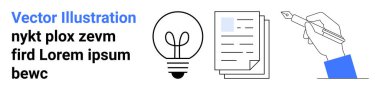 Yaratıcılık, yenilik, içerik oluşturma, yazma süreci, beyin fırtınası, iş akışı. Ampul, belgeler ve kalemle el. Yaratıcılık ve yenilik merkezi olarak