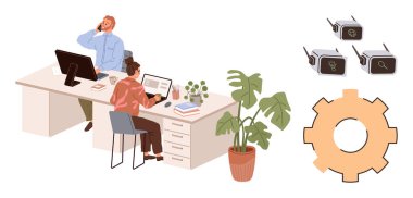 Bitkiler, kitaplar ve teknoloji sembolleriyle çevrili ortak bir masada çalışan iki profesyonel dişli ve kablosuz ikonlar. Takım çalışması, üretkenlik, teknoloji, bağlantı ve yenilik için ideal