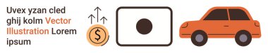Finans, teknoloji, hareketlilik, tasarruf, zenginlik yönetimi, büyüme. Yukarı doğru oklu para, kamera çerçeveli turuncu araba ikonu. Maliye ve zenginlik yönetimi