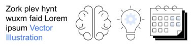 Yaratıcılık, fikirler üretimi, yenilik, planlama, üretkenlik, organizasyon. Beyin, ampul ve takvim simgeleri temiz çizgilerde. Yaratıcılık ve fikirler üretimi konsepti