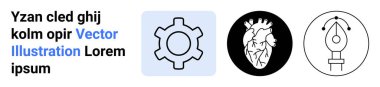 Teknoloji için vites simgesi, sağlık teması için anatomik kalp ve tasarım için kalem aracı simgesi. Teknolojik arayüzler, tıbbi konular, yaratıcılık, yazılım, sanat, yenilik için ideal basit iniş sayfası