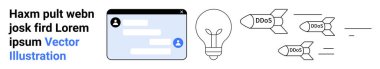 Siber güvenlik, ağ koruması, online tehditler, veri güvenliği, iletişim, yaratıcı fikirler. DDoS, bir ampul ve sohbet arayüzünün yanına füzeleri etiketledi. Siber güvenlik ve ağ koruması