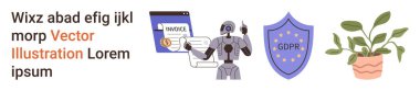 Veri güvenliği, otomasyon, yapay zeka entegrasyonu, sürdürülebilir büyüme, dijital fatura, uyum. Devre detaylarına sahip robot, GDPR kalkan faturası konsepti bitki görüntüsü. Veri güvenliği
