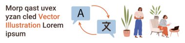 Dil öğrenme, iletişim araçları, uzaktan çalışma, kültürler arası değişim, eğitim, dijital takım çalışması. Dil simgeleri ve okları olan konuşma baloncukları. Dil öğrenme ve iletişim araçları