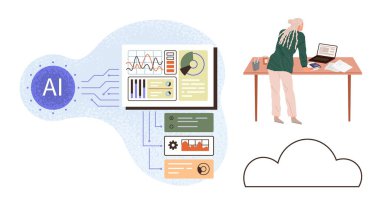 İş kadını bir dizüstü bilgisayardaki veri içgörülerini inceliyor, ekranlarda yapay zeka analitikleri gösteriliyor, bulut bilgisayarıyla bütünleşiyor. Yapay zeka, teknoloji, çalışma alanı, bulut hesaplama ve yenilik için ideal