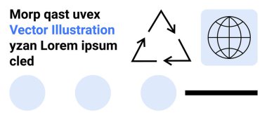 Sürdürülebilirlik, geri dönüşüm, küresel çevre, iletişim, eğitim araçları, minimal tasarım. Soyut şekiller ve metinlerle geri dönüşüm sembolü ve dünya çizimi. Sürdürülebilirlik ve küresel