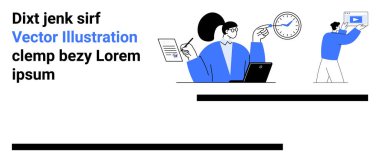 İnsanlar işbirliği içinde çalışıyor, belgeleri tutuyor ve görsel yardımlarla saatleri ve dizüstü bilgisayarları kontrol ediyorlar. Takım çalışması, zaman yönetimi, sunum tasarımı, uzak çalışma için ideal
