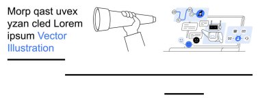 İş geliştirme, veri analizi, geleceksel tasarım, teknoloji kavramları, yenilik, dijital dönüşüm. Teleskop ve bilgisayarla bağlı dijital elementler. İş geliştirme
