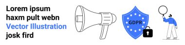 Duyurular için megafon, veri gizliliği için kilitlenmiş GDPR kalkanı ve balon tutan biri. Gizlilik politikaları, pazarlama, uyum, güvenlik, farkındalık, kampanyalar için ideal